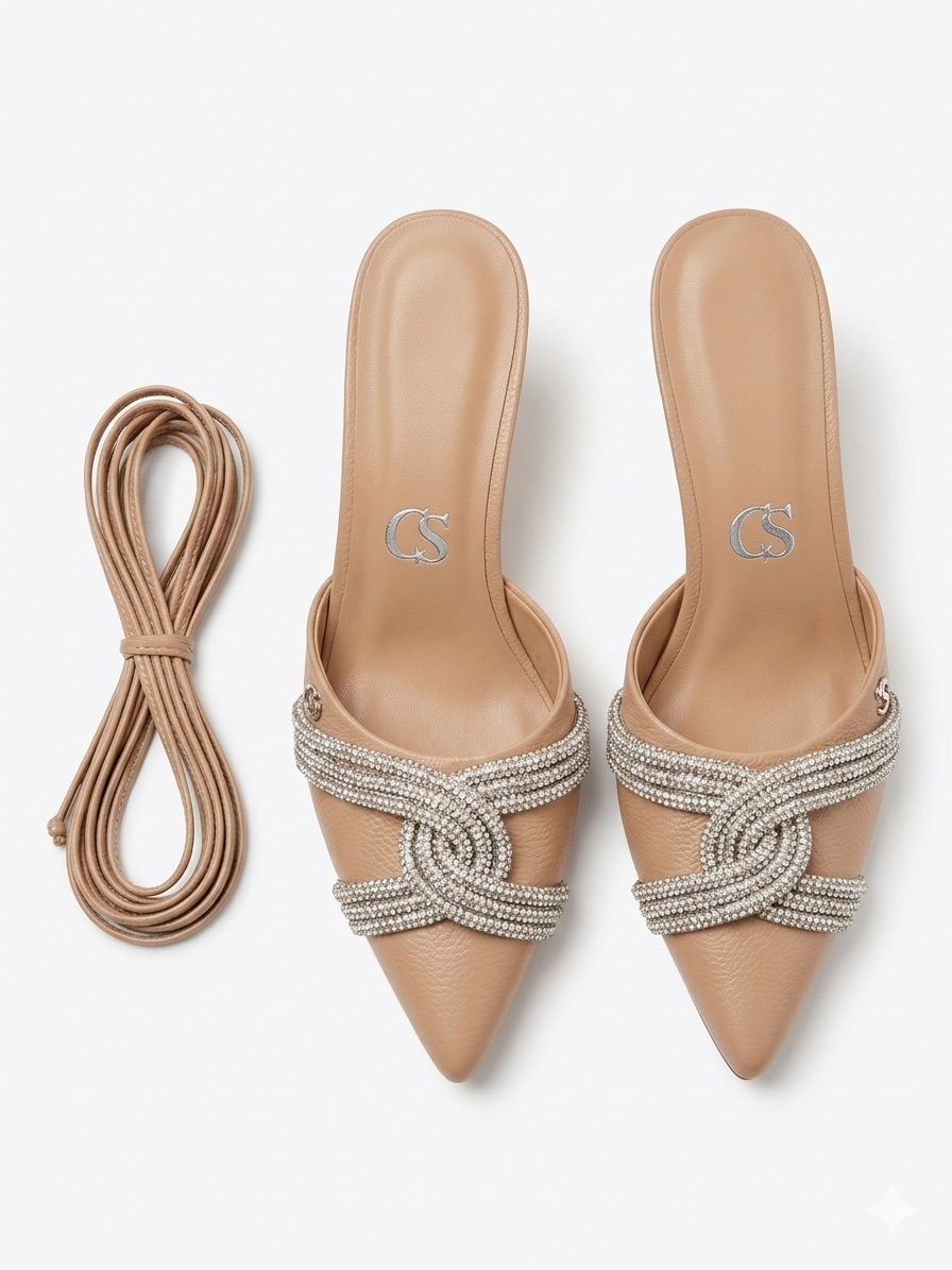Carmen Steffens Nude Leather Rhinestone Lace Up Pointed Toe Heels Size Us 7.5